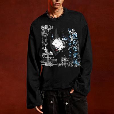 Dark Anime Gothic Portrait Print Long-Sleeve T-Shirt, Men's Shirts, High-Street Loose-Fit Cropped Tops for Men and Women, Casual Everyday Wear