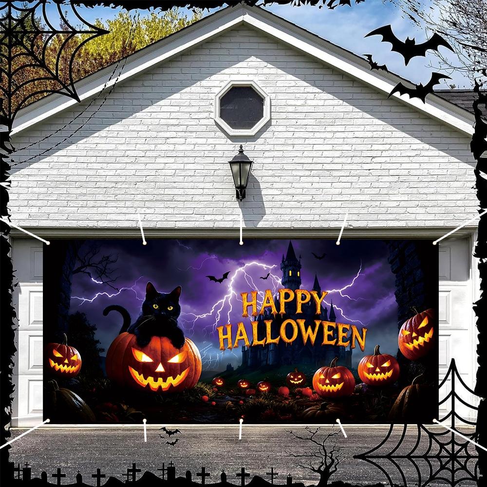 1 Halloween garage party banner - 157.48 inches x 72.83 inches durable polyester featuring black cat and pumpkin designzyc
