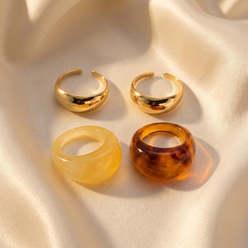 4Pcs/Set Retro Geometric Smooth Opening Rings for Women Men Classic Simplicity Resin Metal Combination Rings Party Jewelry Gifts