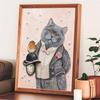 Relaxing DIY Pearl Painting Kit Framed with Dapper Cat and Bird Design 5D Sparkling Bead Canvas Craft for Girls Bedroom Decor Gift
