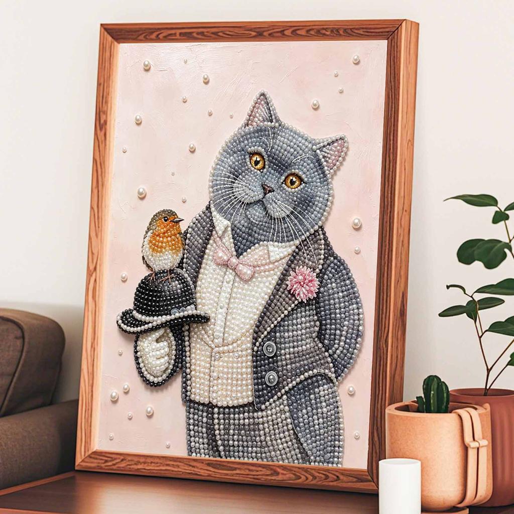 Relaxing DIY Pearl Painting Kit Framed with Dapper Cat and Bird Design 5D Sparkling Bead Canvas Craft for Girls Bedroom Decor Gift