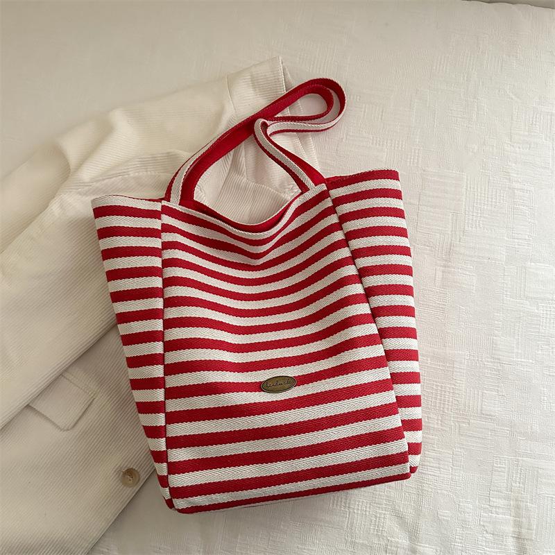 

Полосатая парусиновая сумка 2025 новая сумка-тоут для отдыха на плечо большая вместимость сумка-тоут хозяйственная сумка красный