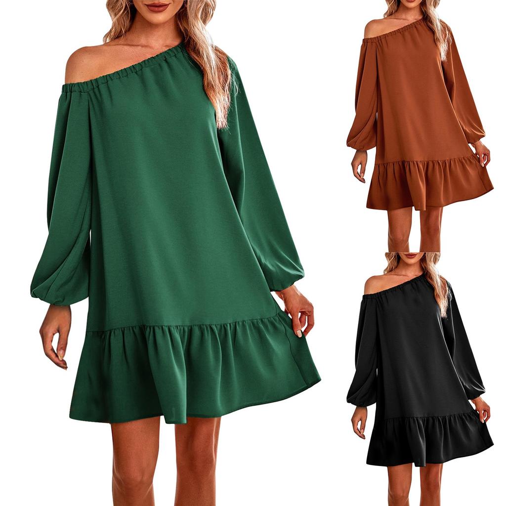 Abito da donna casual alla moda a maniche lunghe, scollatura Bardot, colorato