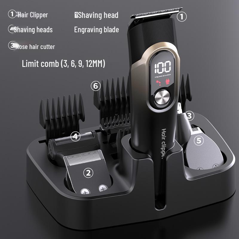 Cross-Border 5-in-1 Digital Hair Clipper Set: Electric, Adjustable, Multi-Function Shaver with Carving Feature