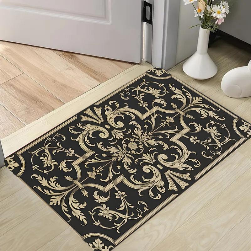 Felpudo Floral Negro Dorado Antideslizante Alfombra de Entrada Alfombrilla de Suelo Barroca Vintage para Entrada del Hogar Uso Interior Exterior Fácil de Limpiar