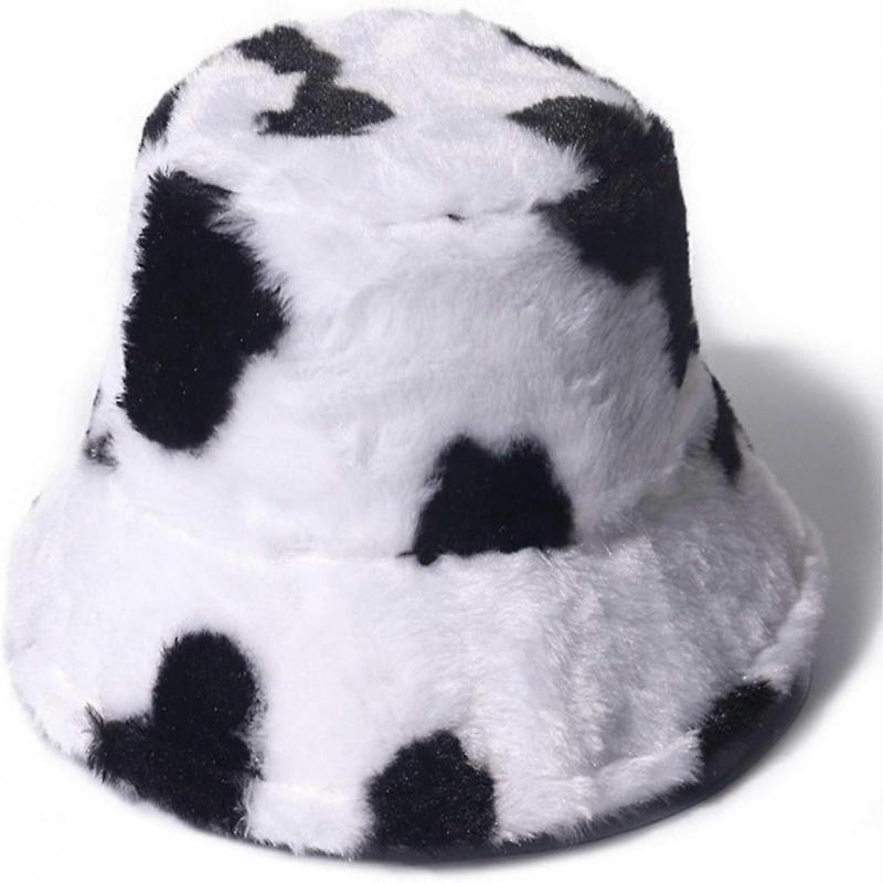 Milk Cow Print Faux Fur Bucket Hat - Fluffy Winter Fisherman Cap