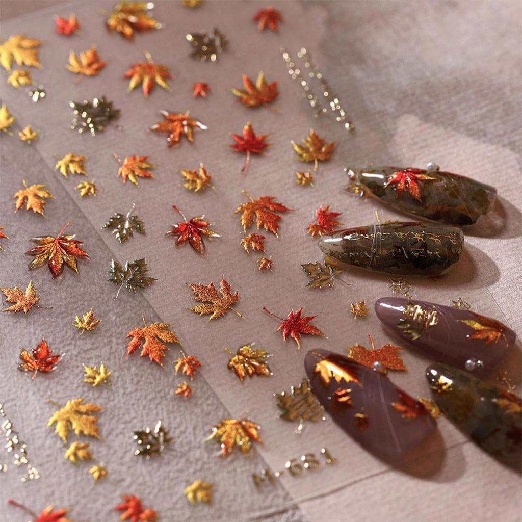 Maple Leaf Nail Stickers 5D Embossed Nail Decals Fall Design Nail Supplies Gold Leaf Stickers for Women Nails Decorations Thanksgiving Day Nails