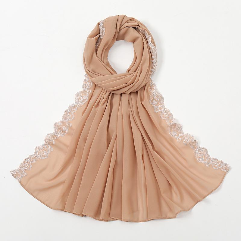 

Шифоновый хиджаб-шарф 180x75см для женщин, длинный однотонный, кружевной, с жемчугом, головные платки, шарфы, женские пляжные солнцезащитные шали, платки 172x72cm