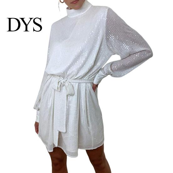 Solid Sequin Dress for Women Sequined Lace Up O-neck Long Sleeve Short Color Center of Attention Spring Autumn with Waist Tie Parties Weddings