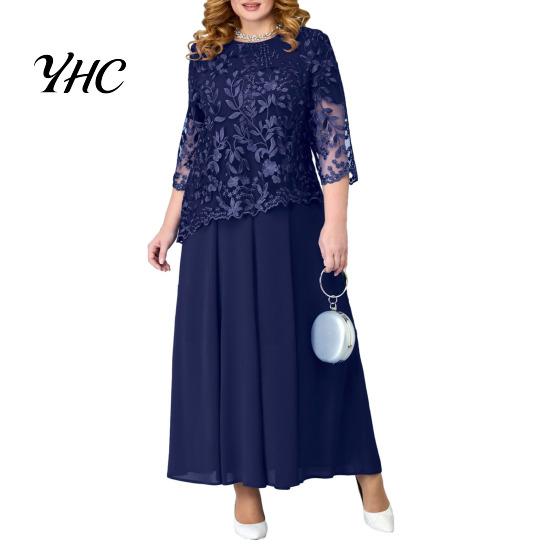 Women Maxi Dress Flower Embroidery See-through Lace Three Quarter Sleeve O Neck Fake Two-piece Loose Solid Color Plus Size Elegant Comfortable