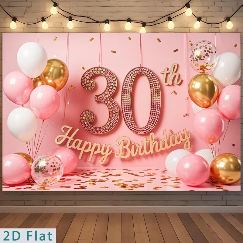 

2D 30th Birthday Photography Backdrop Pink Gold Balloon & Confetti Party Background 47.2x31.5inch/120*80cm