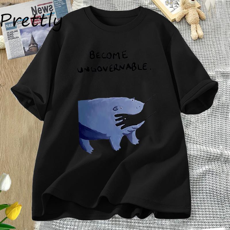Werde Unregierbarer Nilpferd T-Shirt Moo Deng Design Lustiges Tier Grafik-T-Shirt Rebellischer Meme Humor T-Shirt Baumwolle Kurzarm Oberteil
