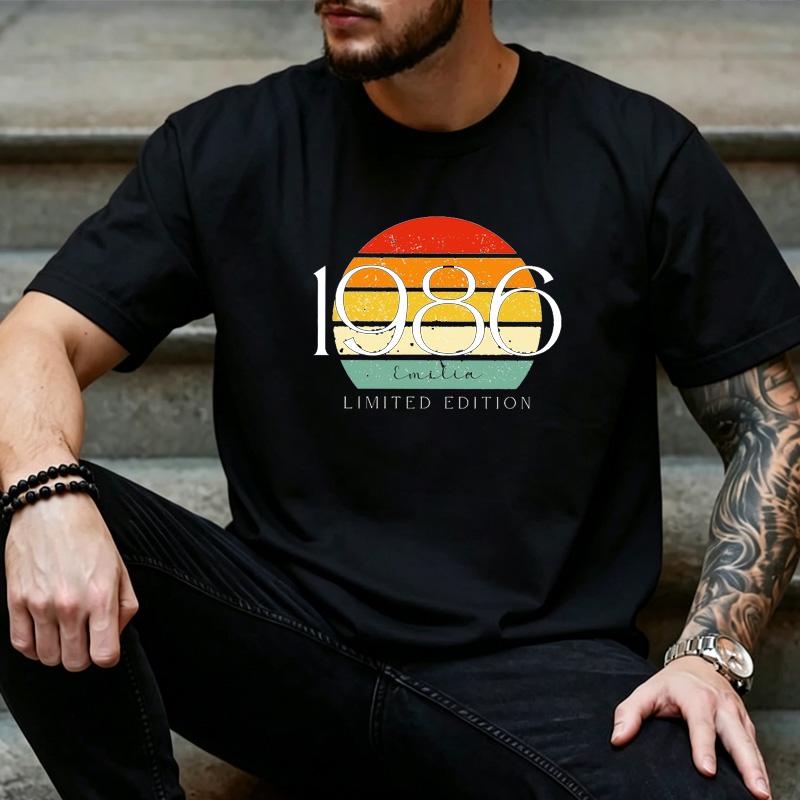 Custom Name Retro Sunset Circle 1986 Graphic T Shirt Unisex Vintage 40th Birthday Casual Short Sleeve Street Tee