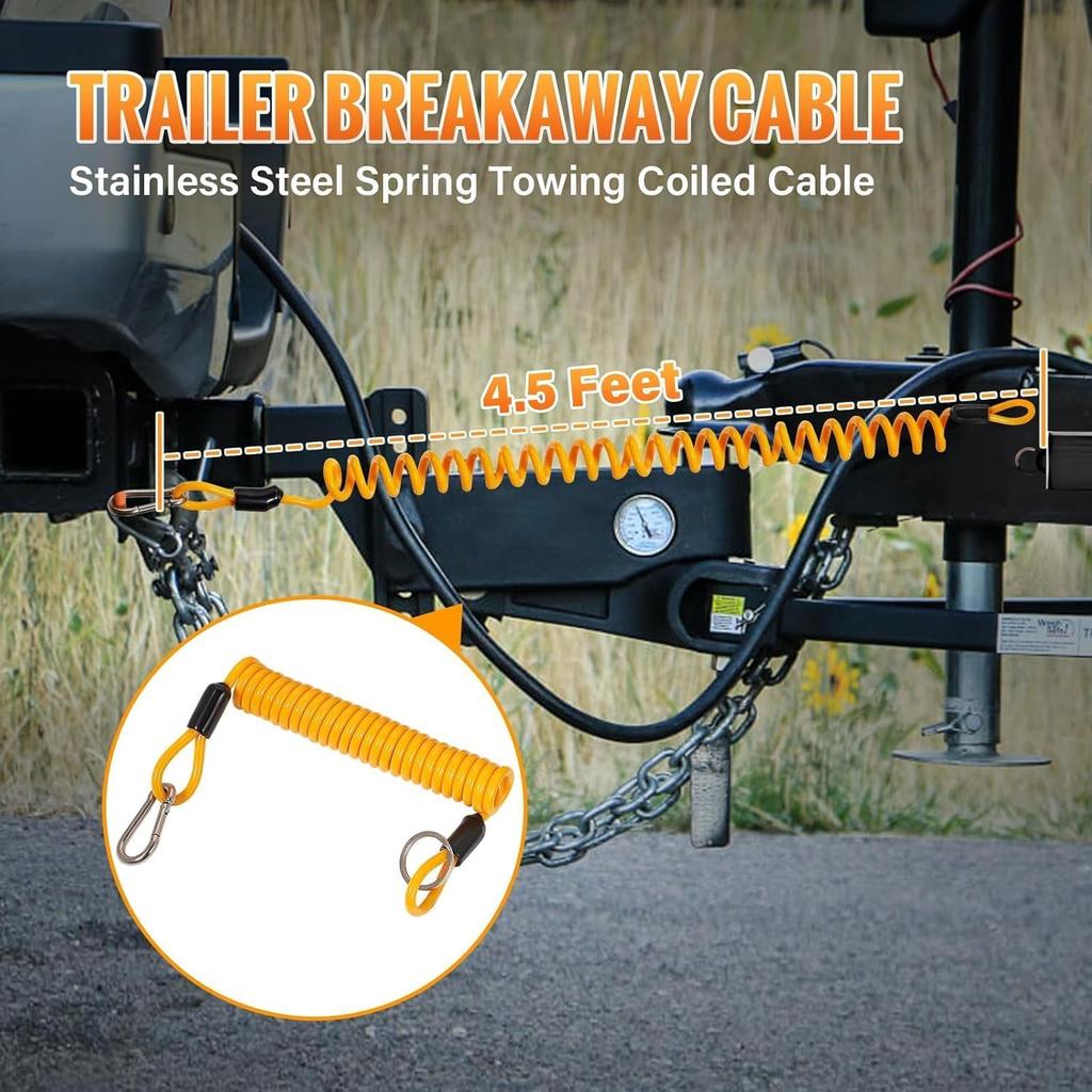 MECMO 4ft Breakaway Trailer Cable Trailer Brake Safety Cable Heavy Duty Stainless Steel Spring Towing Coiled Wire, Replacement Trailer Break Away