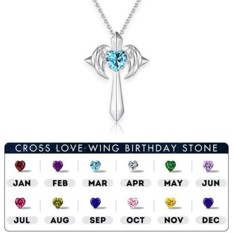 Colier Nou cu Pandantiv Cruce Aripă de Înger, Modă Femei, Colier cu Piatră Natală în Formă de Inimă, Cadou