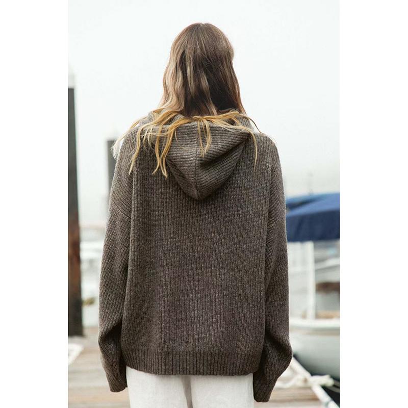 Women Loose Long Sleeve Hooded Knitted Sweater Casual Pullover Pure Color Hoodie Front Pocket Loose Fit Sweater Tops