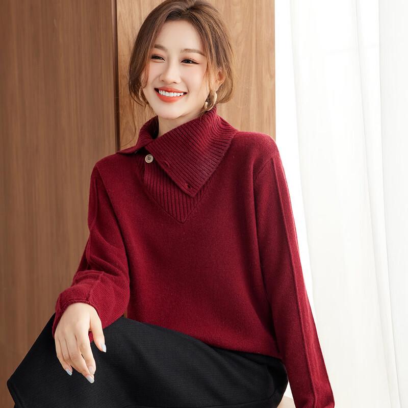 Women's 100% Wool Loose Fit Ribbed Slanted Placket Sweater