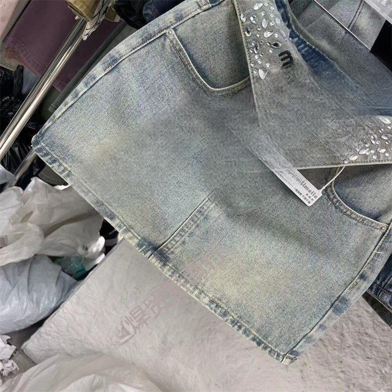 Versatile American Retro Light Blue Denim Skirt with Rhinestone Letter Embroidery