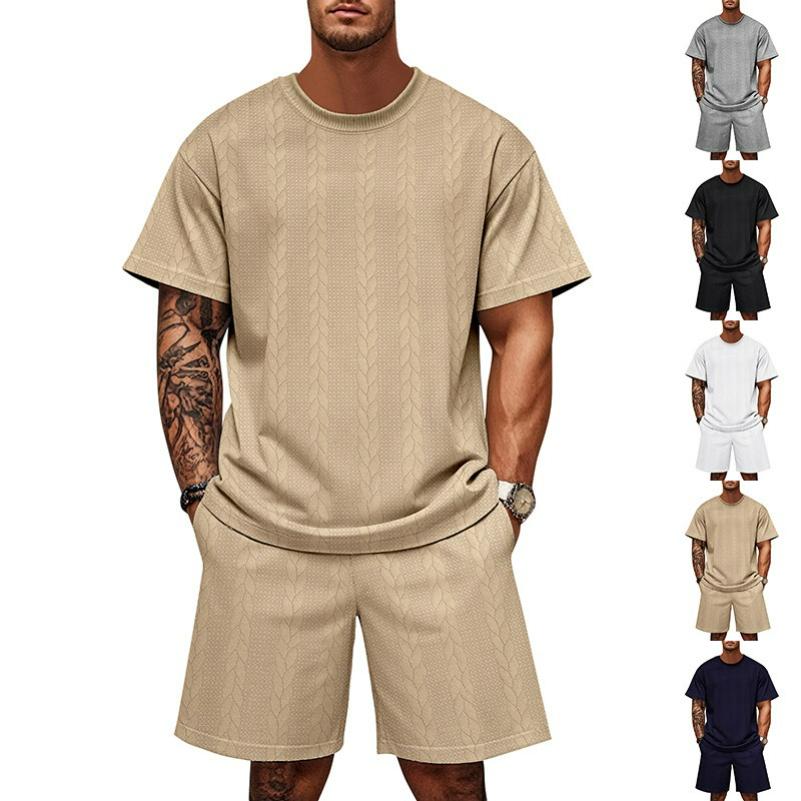Men's Summer Jacquard Suit, Round Neck, Short-sleeved Shorts, Casual Two-piece Suit