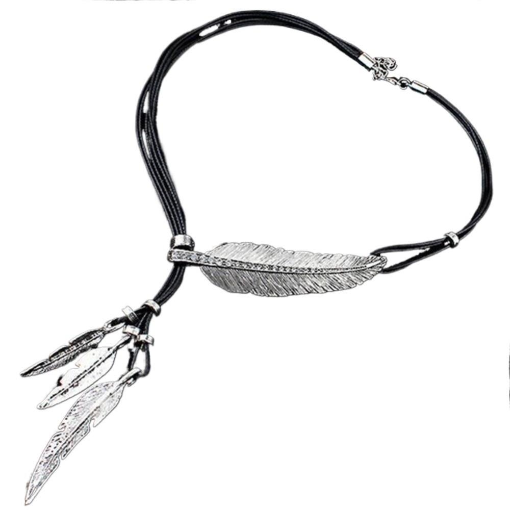 

Rhinestone Golden Feather Necklace Silver Leaves Neck Pendant Leather Rope Tassel Necklace Holiday Silver and Black