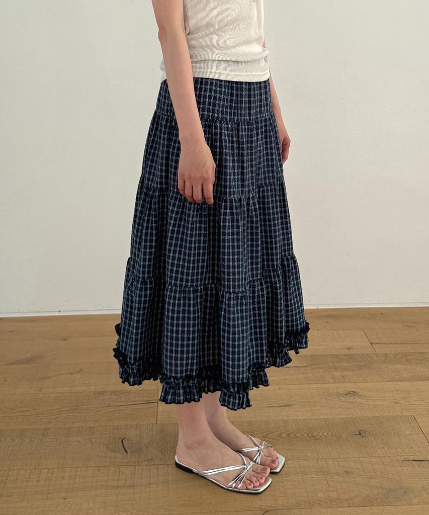 Moyora Frill Tiered Flare Check Long Skirt [Deep Blue]