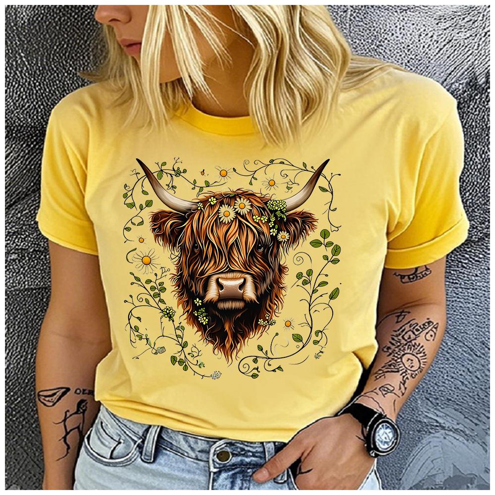 Womens Cotton Cute Yak Print Tshirt Loose round Neck Casual Short Sleeve Fashion Top Wholesale Clothing Summer