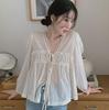 Korean Chic V-Neck Pleated Lace Splicing Long-Sleeve Shirt