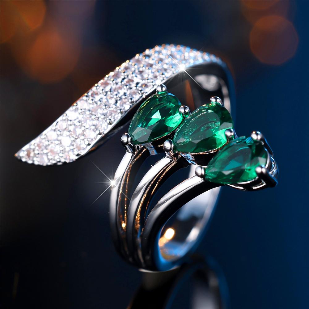 Charm Female White Green Crytal Adjustable Open Ring Gold Silver Color Cute Gift Wedding  For Women