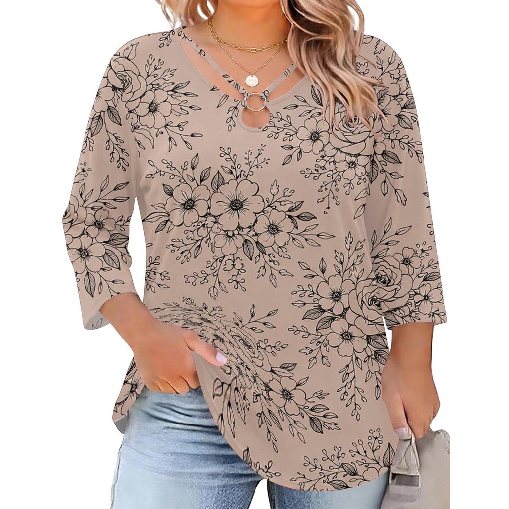 Blusa Floral Feminina Plus Size com Manga Três Quartos, Blusa Casual, Túnica de Corte Amplo para Primavera Verão, Uso Diário, Trabalho e Saídas