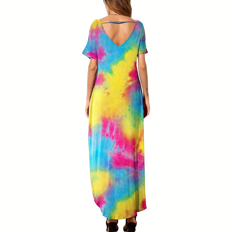 Women Summer Short Sleeve V Neck Backless Tie Dye Split Irregular Dress