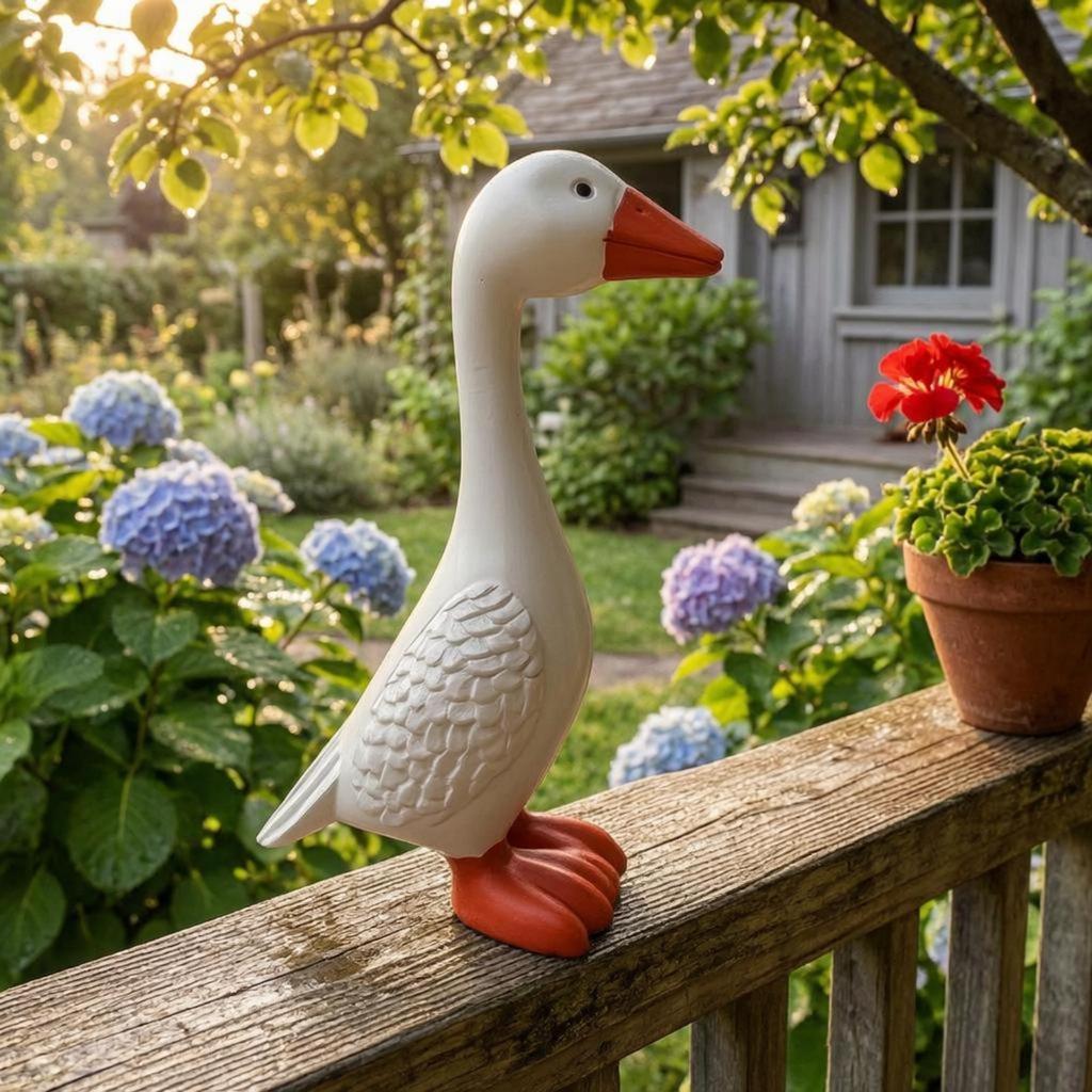 Resin Goose Figurine FeatherTextured White Statue Orange Beak