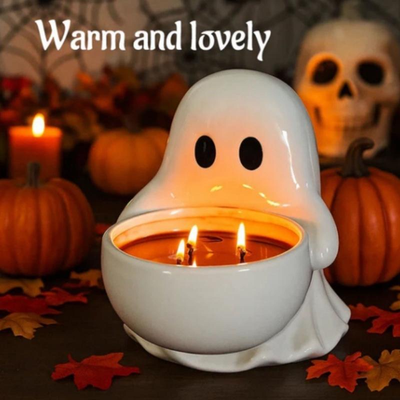Ceramic Ghostly Figurine Candle Stand Halloween Themed Decorative Accent Candy Serving Tray For Holiday Table Setting