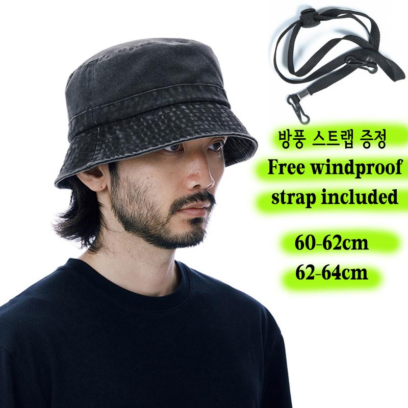 Washed Denim Bucket Hat Windproof Strap Big Head Fisherman Cap Men Women Korean Streetwear Style 60–64cm Oversized Outdoor Hat