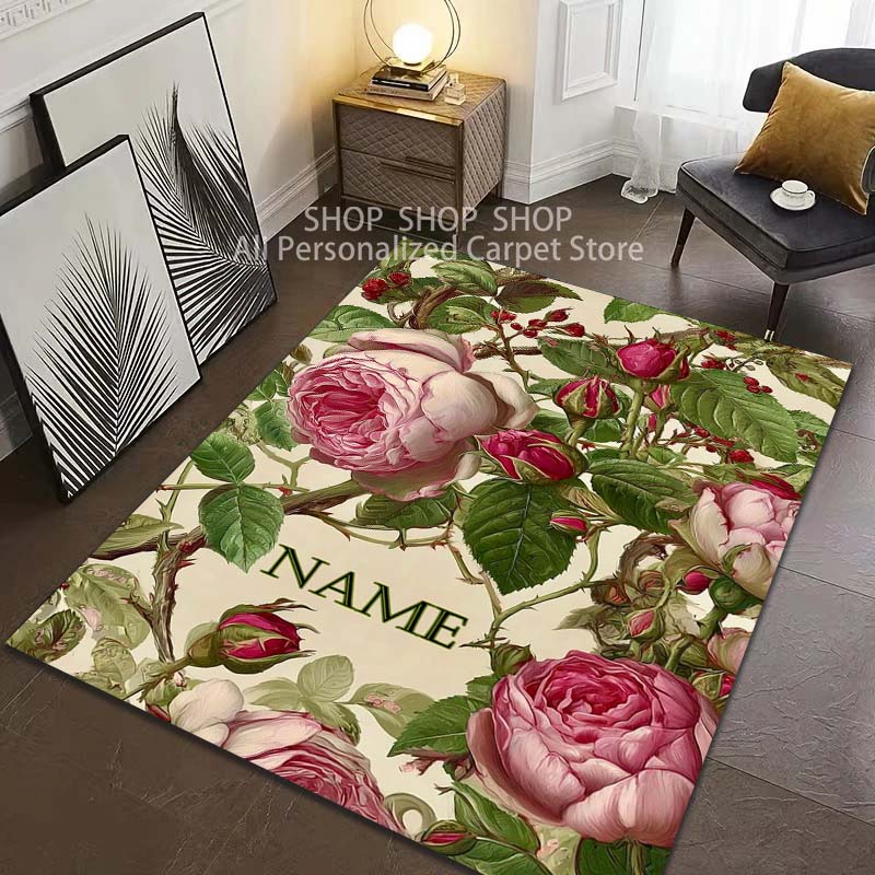 1PC Personalized Custom Name Flowers Print Carpet for Living Room Bedroom Mat Sofa Doormat Floor Rug Home Decor Multiple Sizes
