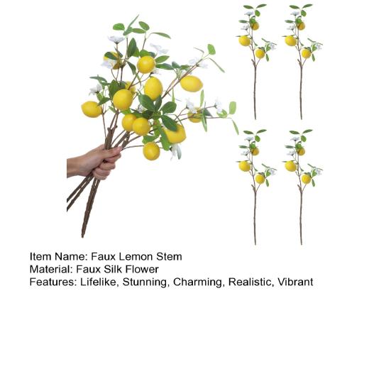 Artificial Lemons Branches 9 Head Faux Lemon Fruits with Stem Realistic Lifelike Fake Greenery Tree Branch with Flowers Leaves