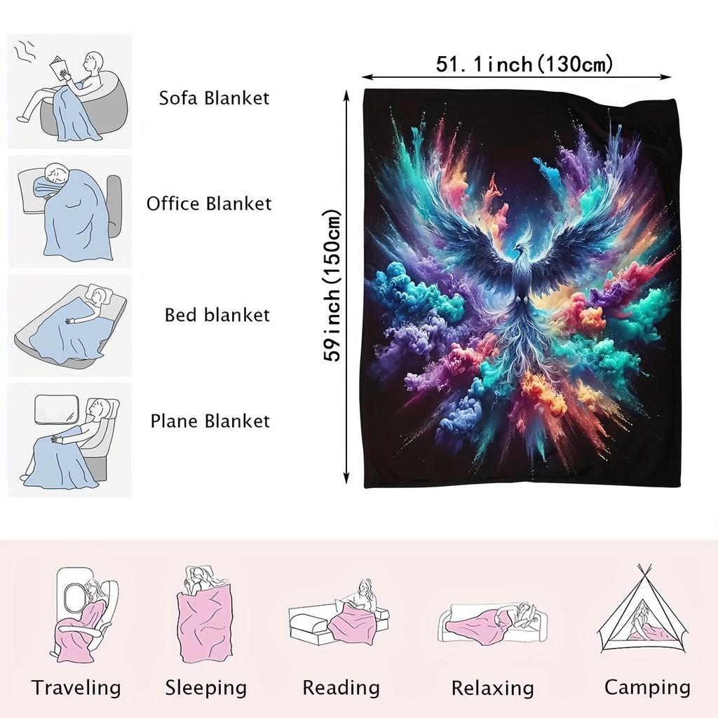 1pc Comfortable Blanket Soft Bohemian Flannel Blanket Vibrant Phoenix Print Plush Cover Blanket Sofa Decor