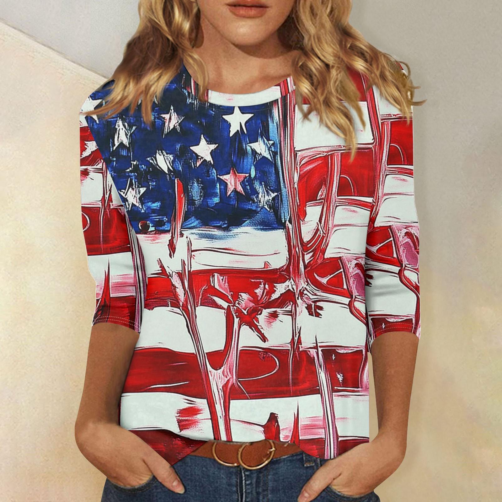 

Жіноча модна повсякденна футболка з круглим вирізом і 3/4 рукавами до Дня незалежності, жіночий топ S