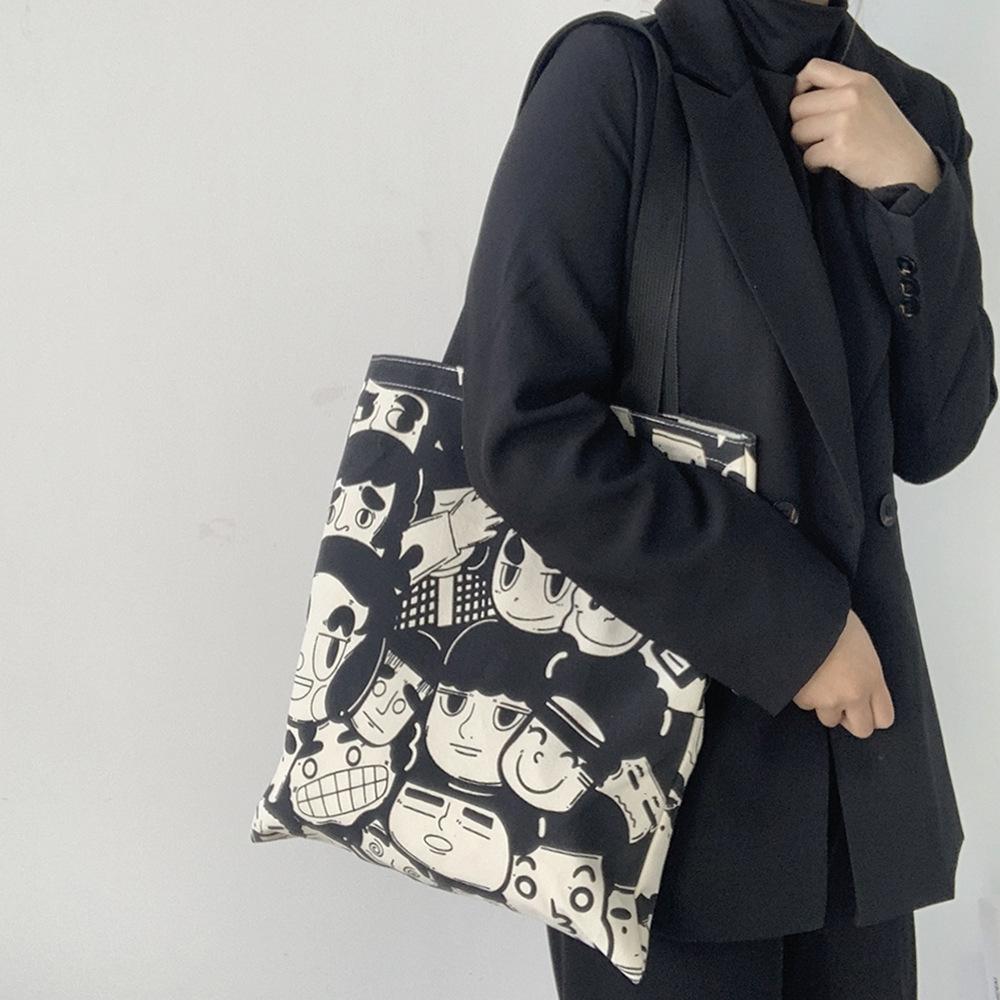 

Двухсторонняя холщовая сумка с напечатанным узором, большая вместительная сумка, черная женская сумка, повседневная сумка-тоут, сумка для покупок, сумка через плечо