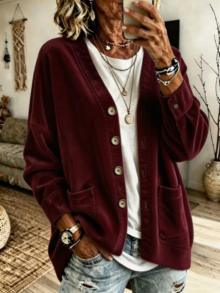 Women's Autumn Corduroy V-Neck Loose Double Pocket Cardigan