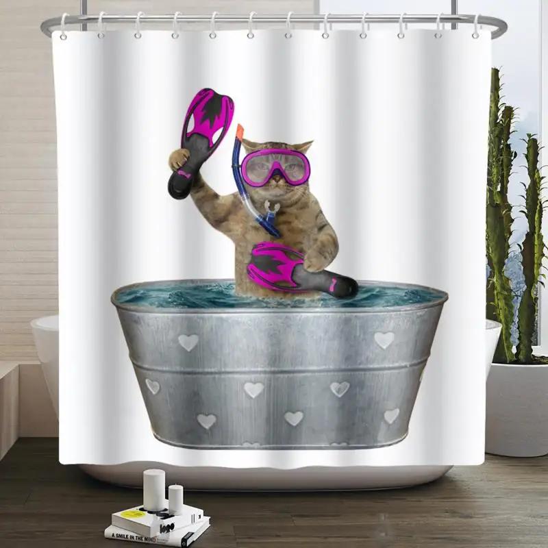 Hrdinský Velký bílý žralok s pistolí Kočka Vtipný sprchový závěs Pro kryt vany Kryt koupelny Koupání Extra velký Široký 12 ks háčků