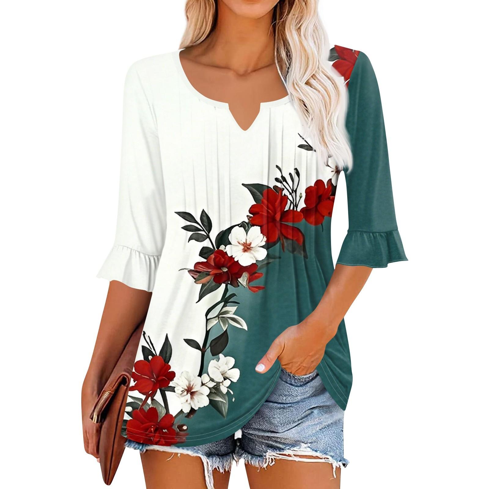 

3/4 рукава топы для женщин повседневные оборки V-образный вырез футболки рабочие блузки нарядные туники топы XL синий