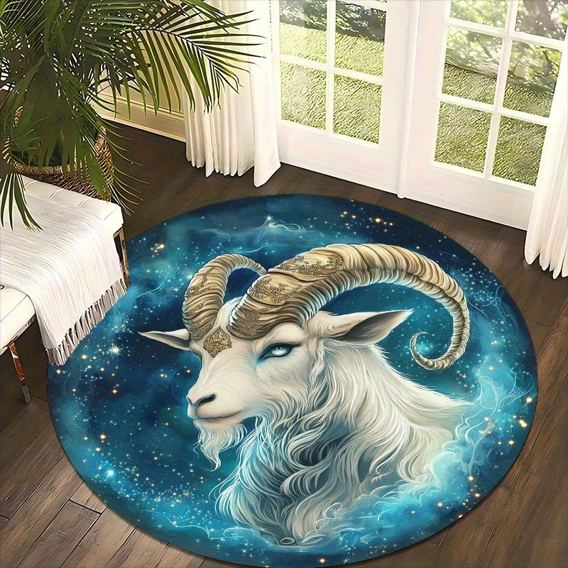 1pc Mystical Capricorn Zodiac Round Floor Mat - Non-Slip Machine Washable Mat with Goat Head  Starry Night Design, Deep Blue