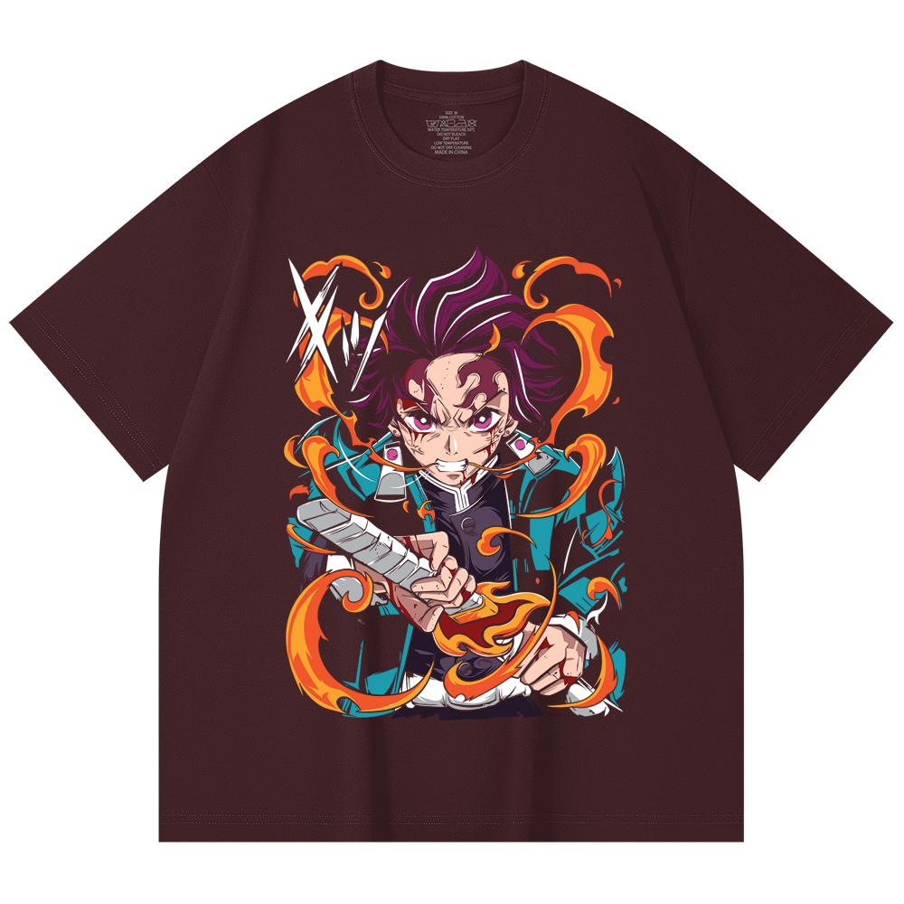 

230 Gsm 100% Cotton Demon Slayer V64 Tanjiro Fire Breathing Print Unisex Heavy Cotton T Shirt 2XL