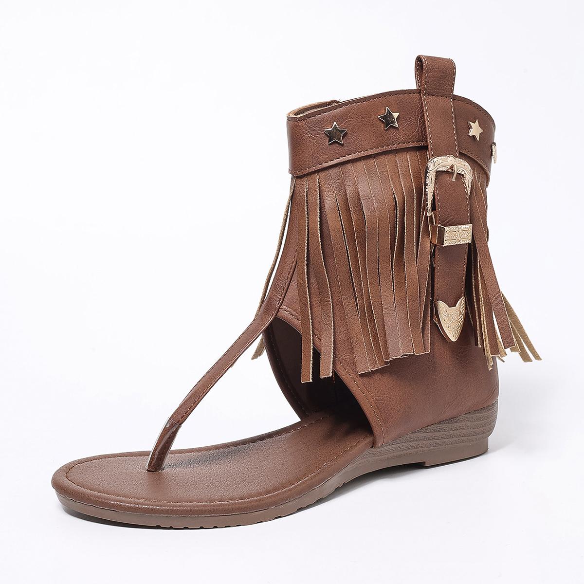 

Мода 2025 Новые женские ретро-сандалии Гладиаторы Женские с перемычкой между пальцем Винтажные ботинки Повседневные с кисточками Римские Модные Летние женские туфли Женские 36 коричневый