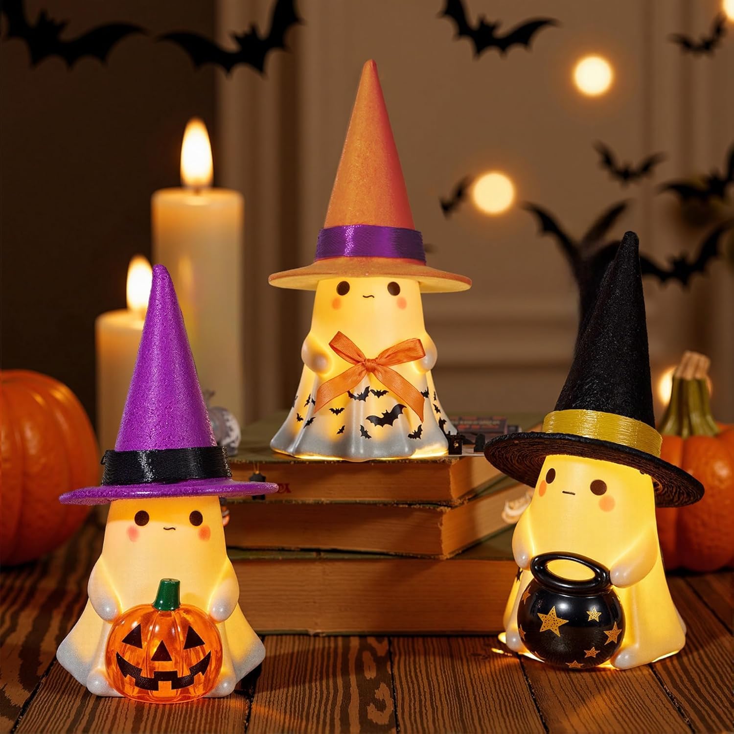 Halloween Decorations Indoor,3Pcs Cute Spooky Ceramic Ghost Halloween Decorations,Ghost Figurines with Hats - Adorable Tabletop Decor for
