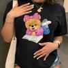 Women's Casual Crew Neck T-Shirt with Teddy Bear Print, 100% Cotton Knit Fabric, Animal Pattern Short Sleeve Tee for All Seasons