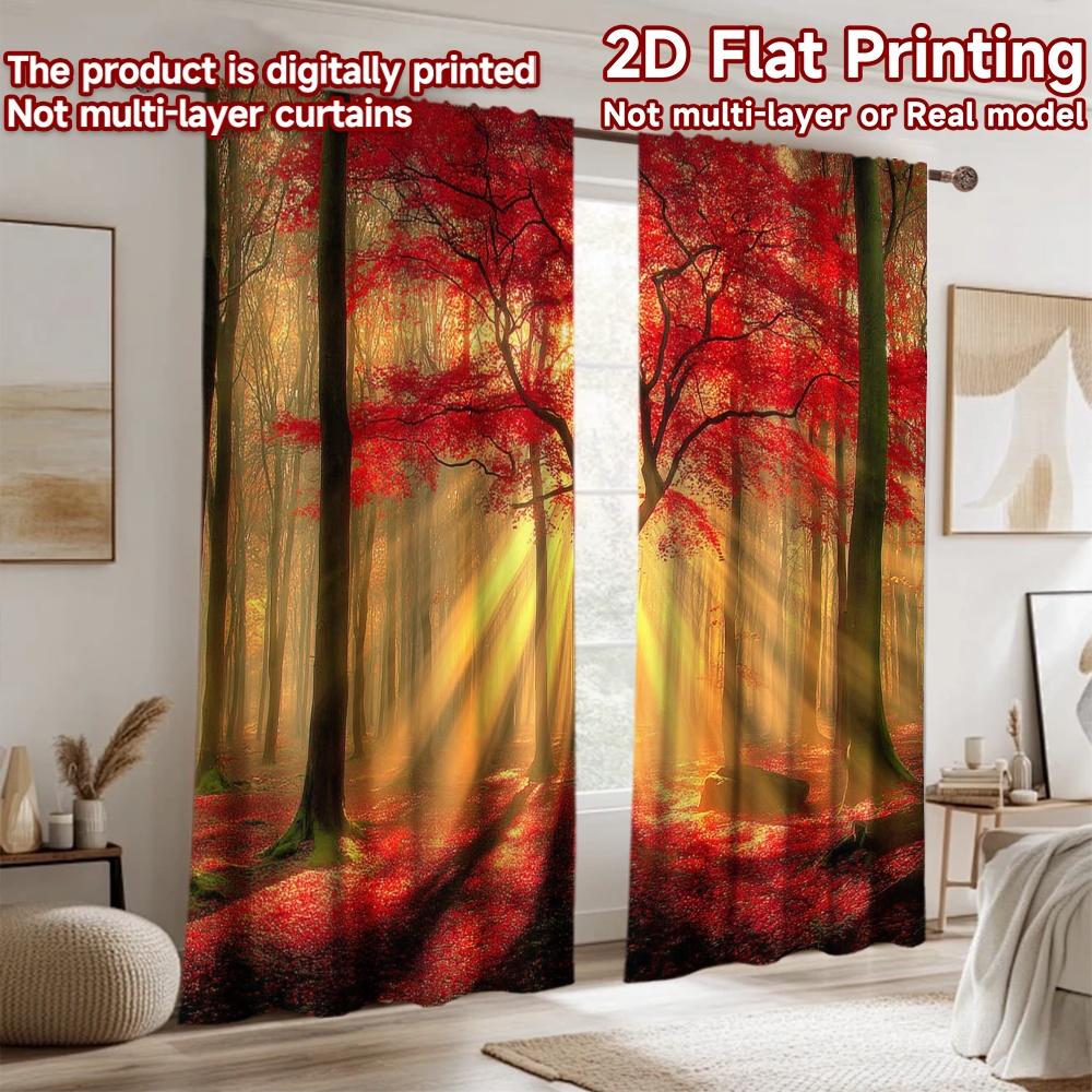 2D Flat Printing 2pcs Scene Curtains Autumn Forest Rays Digital Printed Polyester Drapes Family Party Decoration Perfect for