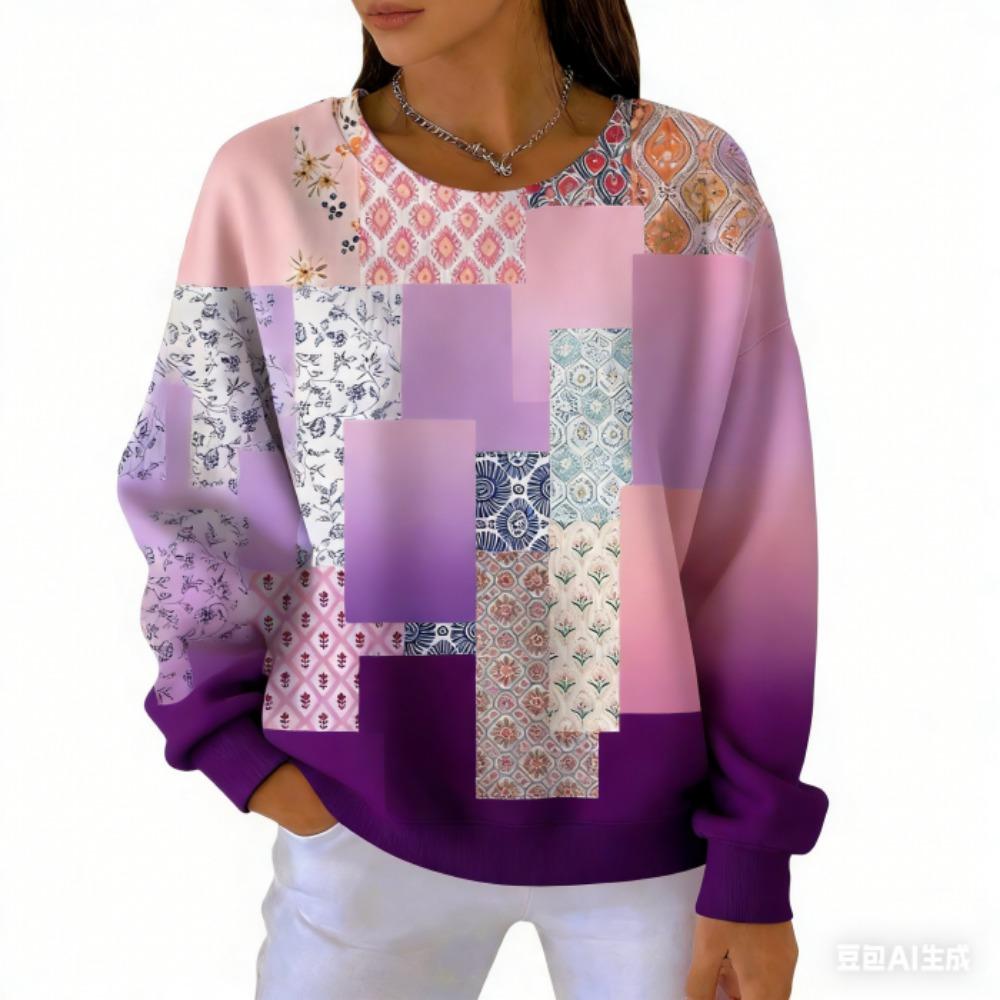 אופנת אביב שילוב צבעים חולצת טי לנשים קז'ואל הדפס וינטג' פולאובר לנשים בגדי שרוול ארוך קז'ואל בחוץ חולצות טי עליון