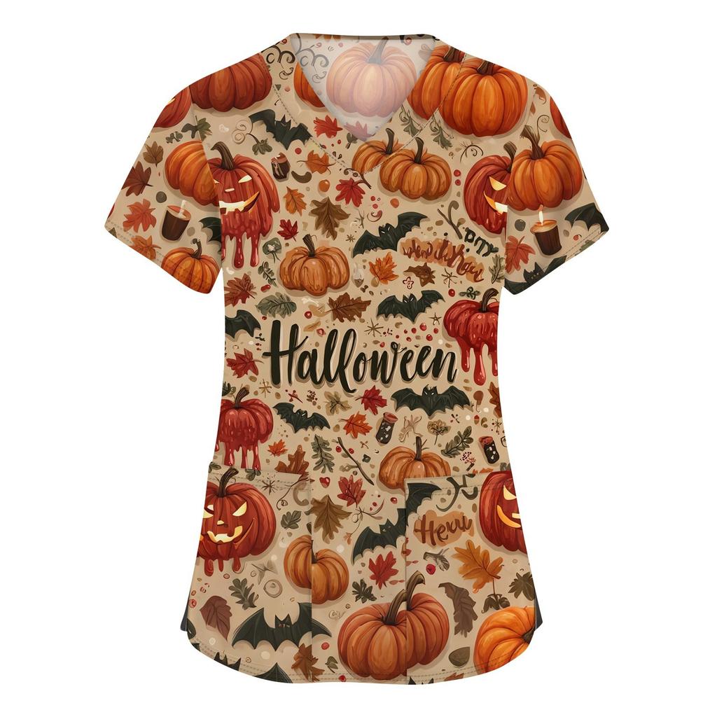 Damenmode V-Ausschnitt Kurzarm Arbeitskleidung mit Taschen Halloween bedruckte Tops