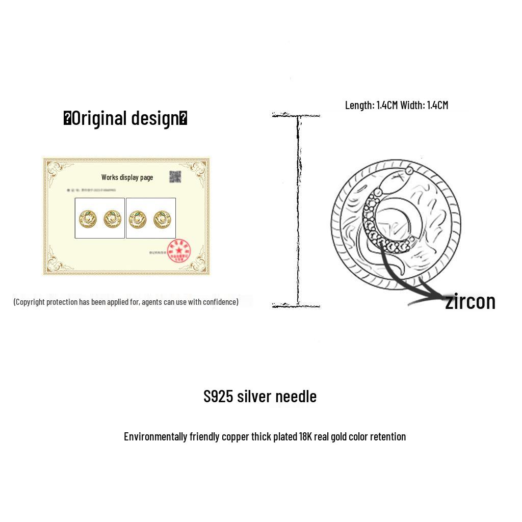 18K Gold-Plated S925 Silver Snake Stud Earrings with Retro Green Zircon